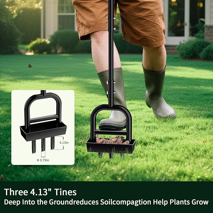 Lawn Aerator Coring Tool, 41" Manual Grass Aerating with Stainless Steel Soil Core Storage Tray, 3 Stainless Steel Corer Plug, for Plant Care, Garden, Lawn, Farm