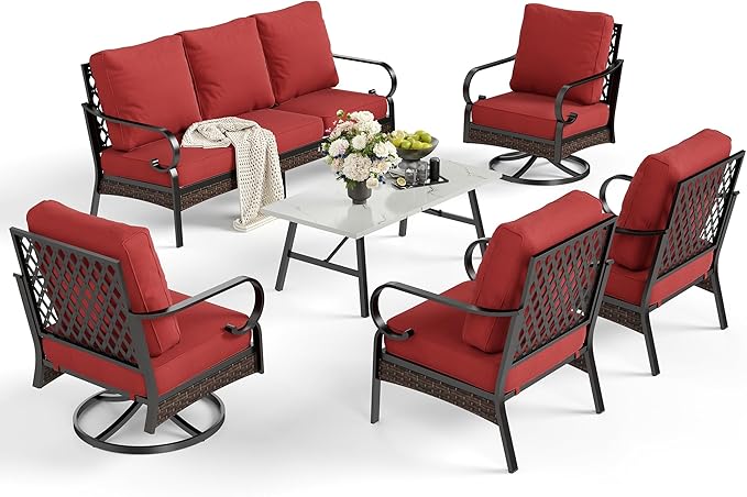 SUNSHINE VALLEY 6 Piece Metal Outdoor Patio Furniture Set, Patio Conversation Set with Swivel Chair and 5.75" Thick Cushion & Coffee Tabl, Outdoor Seating Black Frame Backyard Furniture, Rust Red