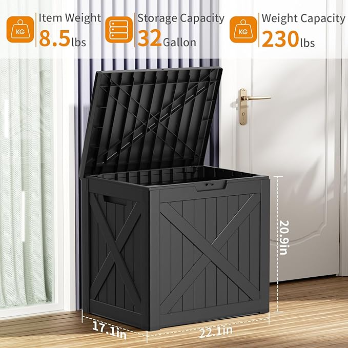 32 Gallon Outdoor Deck Box,Storage Lockable Waterproof Patio Furniture,Garden Tools,Cushions,Pool Accessories Outside Storage Resin Box(Black)