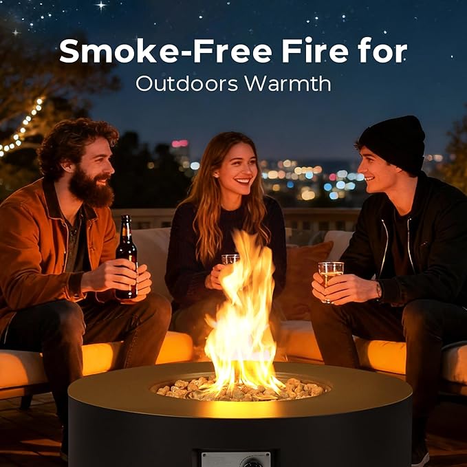 30" Round Propane Fire Pit Table - 50K BTU Round Fire Pits and Tank Cover, ETL Certified Outdoor Fire Table with Lid, Rocks, Rain Cover, Firepit for Outside Patio, Black
