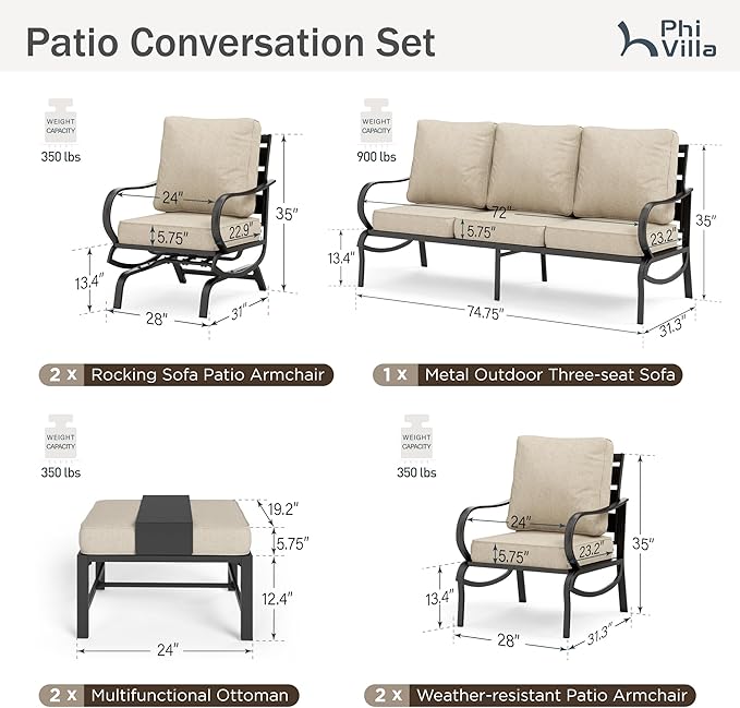 PHI VILLA 7 PCS Outdoor Patio Furniture Set with 2*C-Base Chairs, 1 * 3 Seater Padded Deep Seating Bench Sofa, 2*Padded Armrest Leg Chairs and 2*Metal Cushioned Ottoman for 7 Person