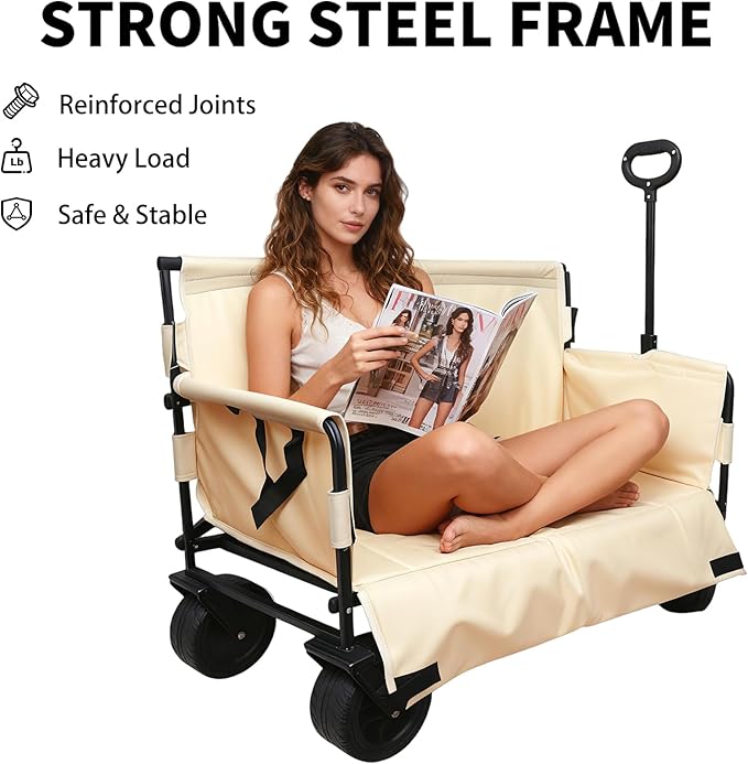 Collapsible Folding Wagon, Foldable Beach Wagon Cart with 300L Storage Collapsible 330LBS Folding Cart Adjustable Handle, Outdoor Utility Wagon for Groceries, Camping, Sports, Shopping(White)
