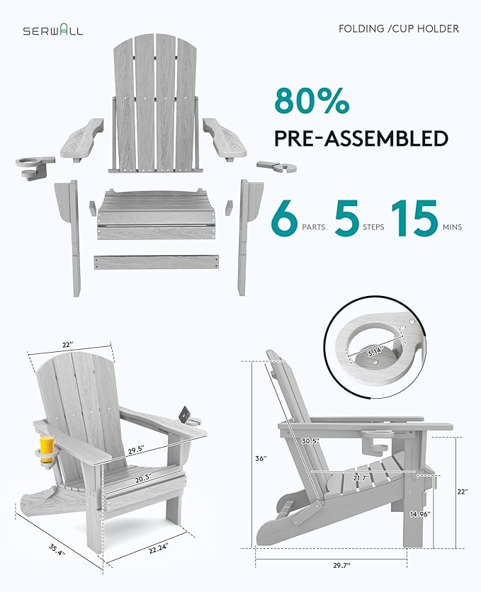 SERWALL Adirondack Chair with Cup Holders - Composite Adirondack Chairs Set of 8 HDPE Outdoor Chairs All Weather Use- Silver Gray