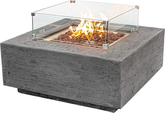 AMS Creations | Albany Square Natural Gas Outdoor Fire Pit Table | Concrete GFRC Fire Pit Table | with SS Burner, Canvas Cover, SS Lid, Lava Rock, and Wind Guard Included (Fuel Type: Natural Gas)