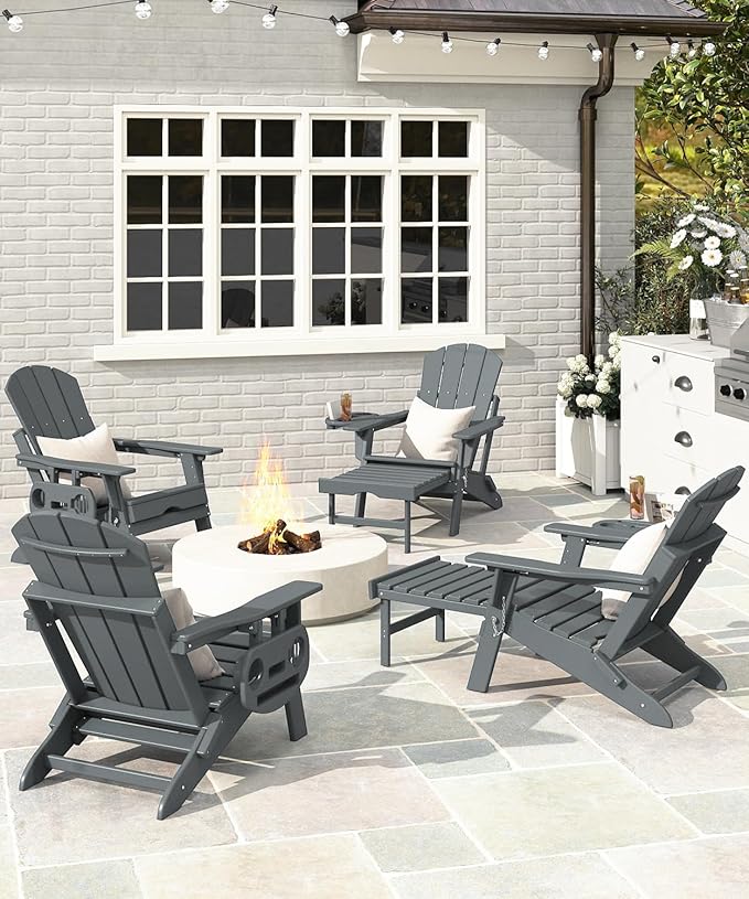 Adjustable Adirondack Chair with Retractable Ottoman, HDPE Folding Adirondack Chair with Cup Holder, All Weather Fire Pit Chair for Outdoor.