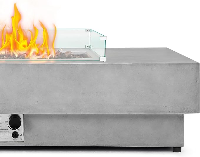60" Rectangular Propane Fire Pit – 3-Piece 50,000 BTU Concrete Fire Pit with Glass Wind Guard and Tank Cover Table – Outdoor Firepits – Gas Fireplace for Deck or Patio