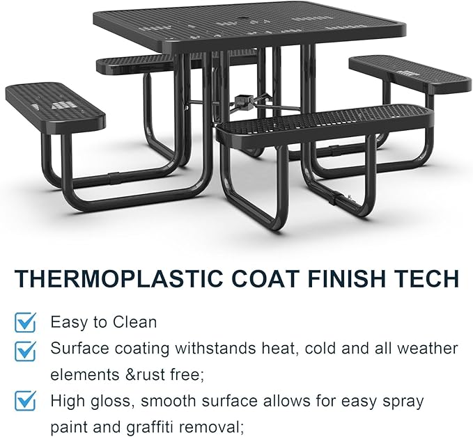 dafrigic 46" Square All Weather Resistant Commercial Picnic Table for Outdoors, Heavy Duty Picnic Table up to 4600 lbs with Umbrella Hole for School, Warehouse, Coffee Shop, Black