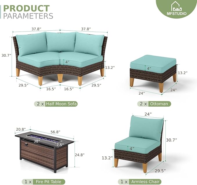 MFSTUDIO 8 Pieces Wicker Patio Furniture Set with 56" Fire Pit Table, All-Weather Rattan Half-Moon Sectional Sofa Patio Conversation Sets, 4 x Curved Sofa, 1 x Armless Chair, 2 x Ottoman(Aqua Blue)