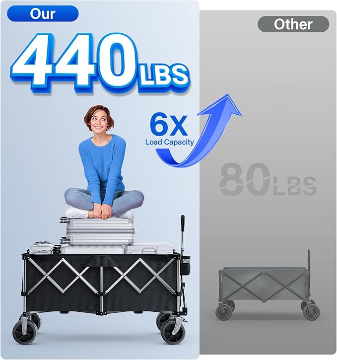 Wagons Carts Foldable Heavy Duty,440lbs Capacity & 350L Collapsible Utility Cart with Big All Terrain Wheels for Beach, Garden, Camping, Grocery Coal Black