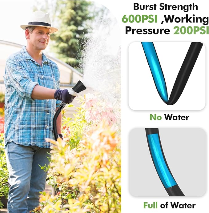 SPECILITE 3/4" Garden Hose 150 ft with High Flow Nozzle, Heavy Duty Flexible Hybrid Rubber Water Hose for Outdoor, Lightweight, Leak-Proof, No-Kink, 3/4"Brass Fittings,Black
