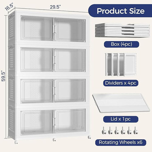160GAL Storage Bins with Lid and Wheels, Stackable Closet Organizers and Storage Drawer, Collapsible Storages Box with Dividers, Foldable Plastic Cabinets for Room, Kitchen, 4 Pack White
