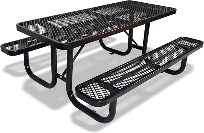 KUFUH 72" Rectangular Metal Picnic Table for 4-8 Person, Durable Heavy Duty Commercial Picnic Table with Umbrella Hole for Outdoor Coffee Shop, School, Hospital, Easy to Install, Black