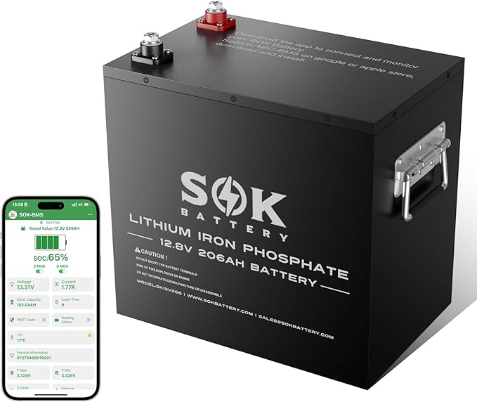 SOK Battery 12V 206Ah LiFePO4 Lithium Battery Deep Cycle Lithium Iron Phosphate Battery with Low-Temp Protection & Built-in Heater Suitable for RV and Solar & Wind Off-Grid Use