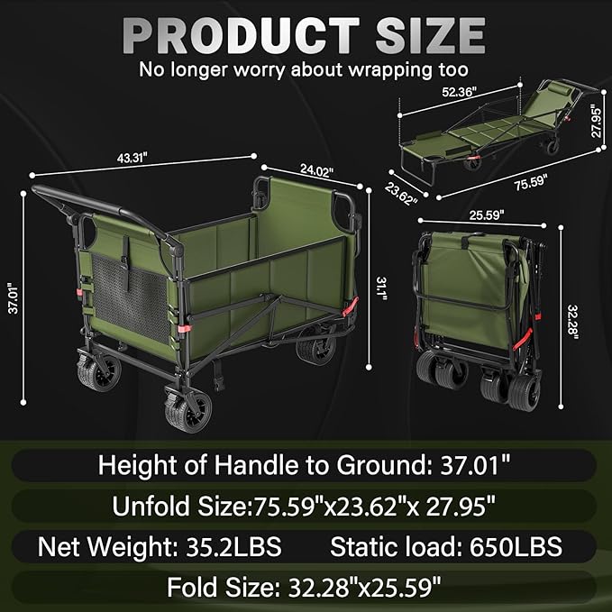 LEVELEVE Heavy Duty Folding Wagon - 2-in-1 Collapsible Cart, 650lb Capacity, All-Terrain Wheels w/Brakes & Side Pockets