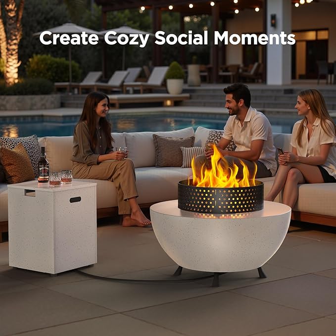 Ciays 29″ Propane Fire Pit Table with Windproof Guard, 50000 BTU Fire Pit Table, CSA-Certified, Outdoor fire Table with Durable Terrazzo Coating/Lava Rocks/4 Stable Adjustable Legs, Garden, White