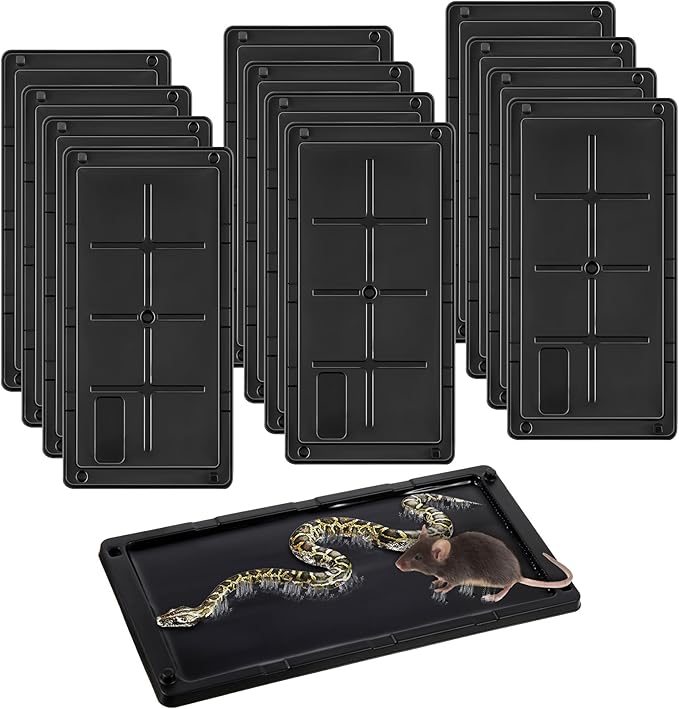 Qualirey 12 Pack Glue Traps for Rats and Snakes, Larger and Heavy Duty Baited Sticky Traps with Non Toxic Glue, Exterminator Plastic Mouse Indoor Board, Ready to Use, Safe to Children and Pets (Black)