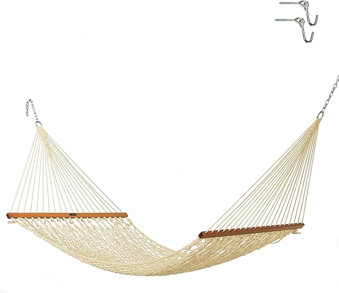 Original Pawleys Island Single Oatmeal DuraCord Rope Hammock – 12 ft. x 50 in., 1-Person, 450 lb Capacity, Oak Spreader Bar, Zinc-Plated Hardware, Handcrafted in The USA