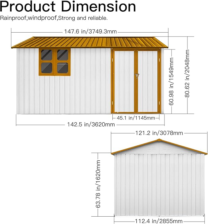 Metal Garden Sheds 12ftx10ft Outdoor Storage Sheds White+Yellow with Window, for Backyard, Patio, Poolside