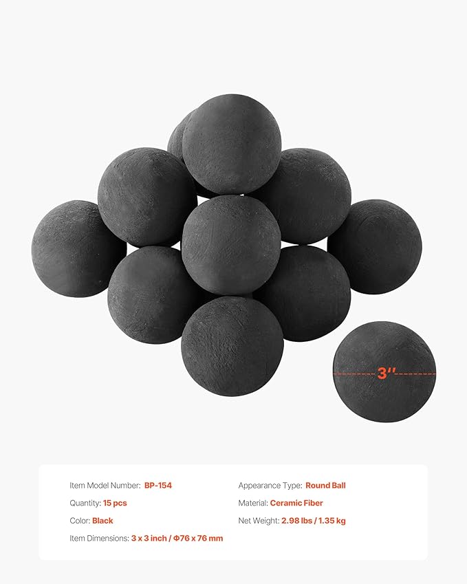 VEVOR Ceramic Fire Balls, 3 Inch 15 Pcs Round Fire Stones, Reusable Lava Rocks Indoor and Outdoor Use, Decorative Fire Pit Rocks for Propane/Gas Fireplace, Stove, Courtyard, Camping, Black