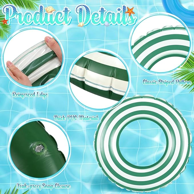 Large Striped Pool Floats- Inflatable Pool Floats for Adults- 2 Pack Striped Floaties Pool Tubes Swim Rings with Handles Inflatable Pool Float for Swimming Pool Party Lake Beach Adults