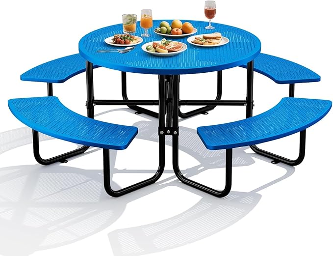 KUFUH 46" Coated Round Metal Picnic Table for 4-8 Person, Durable Heavy Duty Commercial Picnic Table with Umbrella Hole for Outdoor Coffee Shop, School, Easy to Install, Blue