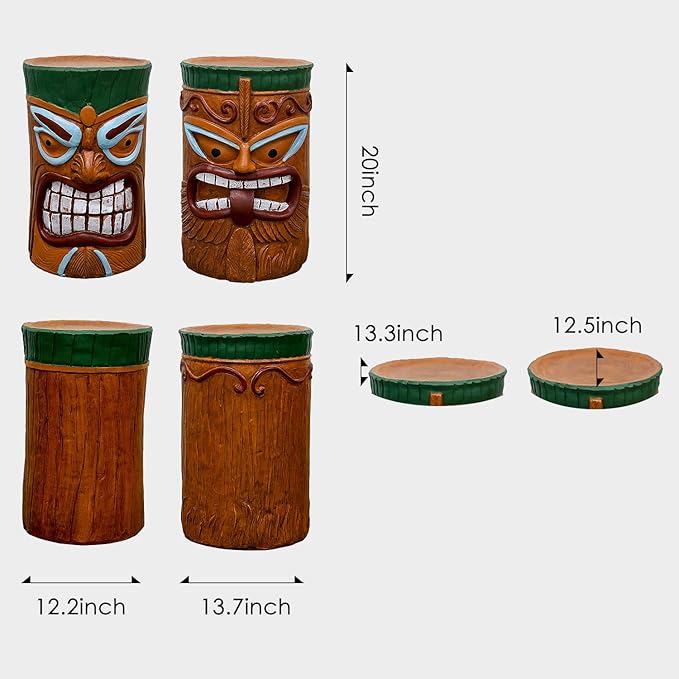 SKYFIRE 2 Pack Large Tiki Statue - 20”H Tiki Bar Side Tables Outdoor Decor for Garden, Patio, Backyard, Lawn and Office -Concrete The Grand Tiki Face Kanaloa Teeth Stool End Table for House Decor