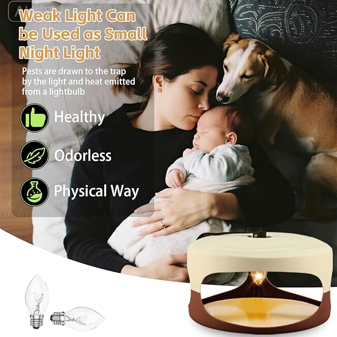 Flea Trap 4 Packs-Flea Traps for Inside Your Home, Bed Bug with Light for Indoor, Friendly Light Trap for Indoor & Garage with 12 Sticky Disc 12 Bulbs 4 Electric Wires, Safe to Pets & Human (Brown)