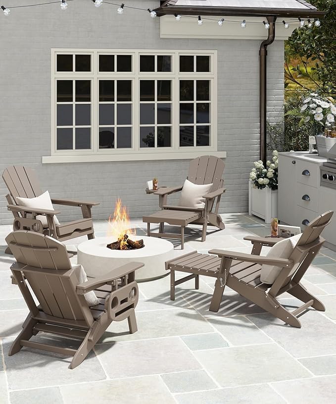 Adjustable Adirondack Chair with Retractable Ottoman Set of 8, HDPE Folding Adirondack Chair with Cup Holder, All Weather Fire Pit Chair for Outdoor.
