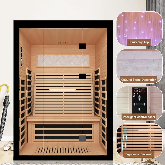 2 Person Infrared Sauna Room Far Infrared Saunas Home Canadian Hemlock Indoor 2100W Low-EMF Dry Saunas with Oxygen Bar 7 Color Therapy 53.1 * 47.2 * 74.8inch