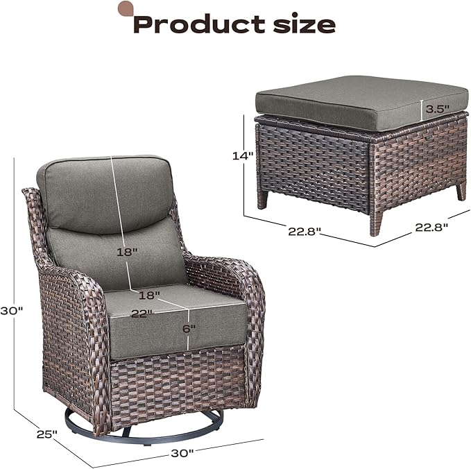 Rilyson Wicker Outdoor Patio Furniture Set - 4 Piece Patio Conversation Set with Swivel Rocker Chairs and Ottomans, 6 inch Cushions, High Back, Deep Seating, for Porch Deck Garden Brown/Grey