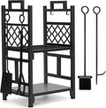 INNO STAGE Firewood Rack Fireplce Firepit Tools Set Double Layer Iron Wood Log Holder for Fire Place Outdoor Indoor Accessories-Brush, Shovel, Tong, Hook