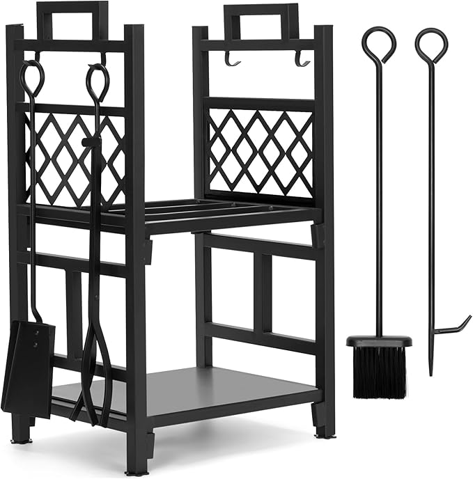 INNO STAGE Firewood Rack Fireplce Firepit Tools Set Double Layer Iron Wood Log Holder for Fire Place Outdoor Indoor Accessories-Brush, Shovel, Tong, Hook