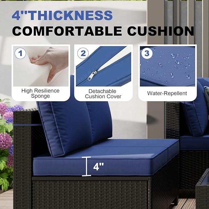 Patio Furniture Set with Fire Pit Table, 8 Piece Wicker Outdoor Sectional Set with Thick Cushions, Patio Sofa for Porch Garden Backyard Deck, Coffee/Blue