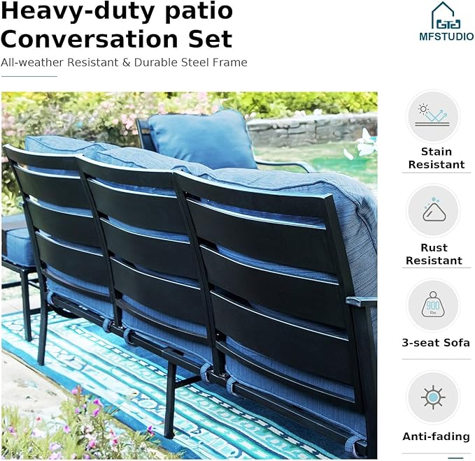 MFSTUDIO 6 Pieces Patio Furniture Sets with 45" Gas Fire Pit Table(Up to 7 Seat), Metal Frame Outdoor Conversation Sofas with 1 x 3-Seat Sofa, 2 Rocking Chairs and 2 Ottoman, Peacock Blue Cushion