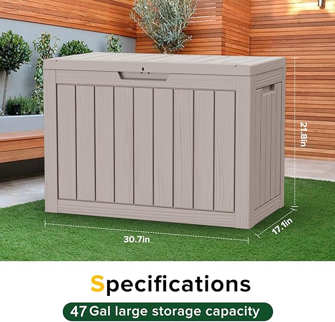 47 Gallon Deck Box Large Outdoor Storage for Patio Furniture,Outdoor Cushions,Garden Tools and Pool Supplies,Waterproof,Resin,Lockable(Grey)