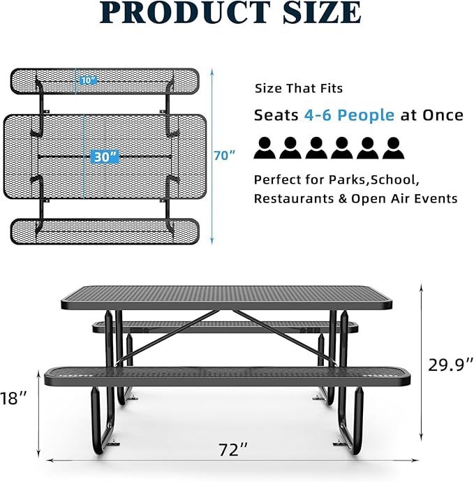 dafrigic 72" All Weather Resistant Commercial Picnic Table for Outdoors, Heavy Duty Picnic Table up to 2800 lbs with Expanded Metal for School, Warehouse, Coffee Shop, Black