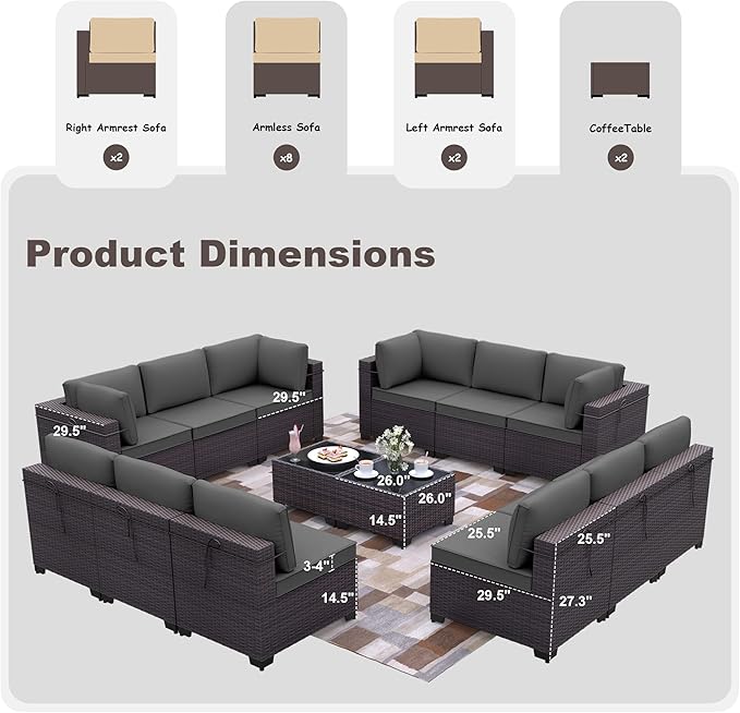 Kurapika 14 Pieces Patio Furniture Set, Rattan Wicker Outdoor Conversation Sets w/4 Inch Cushion and Glass Coffee Table(Grey)