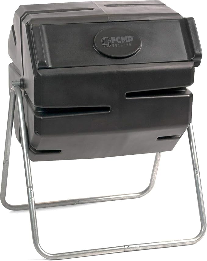 FCMP Outdoor 37 Gallon 1 Piece Plastic Single Chamber Roto Tumbling Composter Outdoor Elevated Rotating Garden Compost Bin, Black