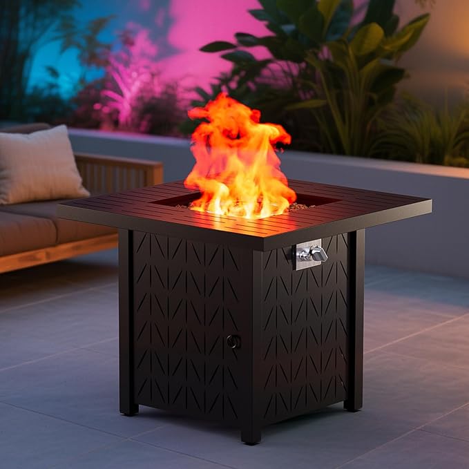 Dineli 28-Inch Square Propane Fire Pit Firepits for Outside Patio Fire Pit Table, Gas Fire Pits with Adjustable Feet, Tabletop Fire Pits for Backyard Deck Balcony, 50,000 BTU, Leaf Pattern - Black