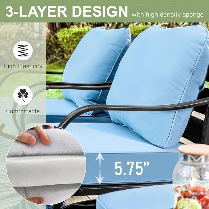 MFSTUDIO 4 Pieces Patio Conversation Sets(5 Seat), Outdoor Metal Furniture Sofa Set with 1 Loveseat(3 Seat), 2 Swivel Chairs, 1 Coffee Table, Steel Frame Patio Sets with Blue Cushion for Garden