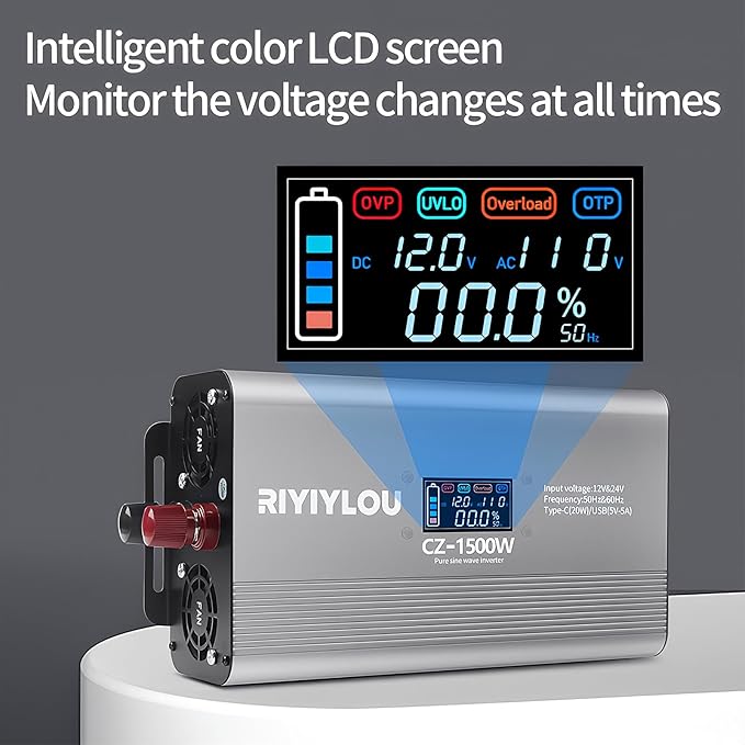 1500W Pure Sine Wave Inverter (3000W Peak), 12V/24V Auto-Detect, 50Hz/60Hz Switchable, LCD Display, Type-C Fast Charging, Silent Design, Overload & Overheat Protection for RV, Home (1500W)