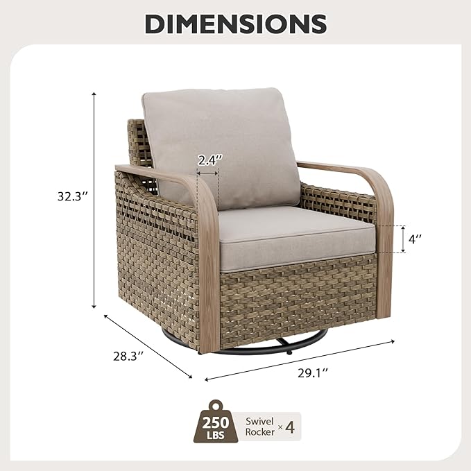 EAGLE PEAK Modern Wicker Outdoor Glider Rocking Chair, Swivel Rocker, Rattan Patio Furniture for Yard Deck Porch Garden, 4 Chairs, Brown/Gray