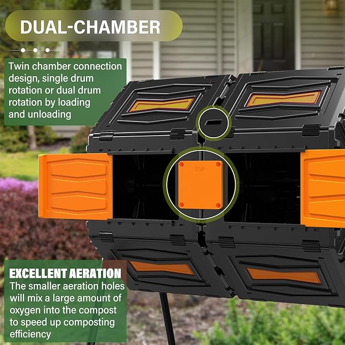 AACULPET Compost Bin Outdoor 45 Gallon, BPA-Free Dual Chamber Rotating Composter for Kitchen Waste, Heavy-Duty Fast Compost Tumbler Great Sustainable Gift for Winter Garden Yard & Spring Ready Soil