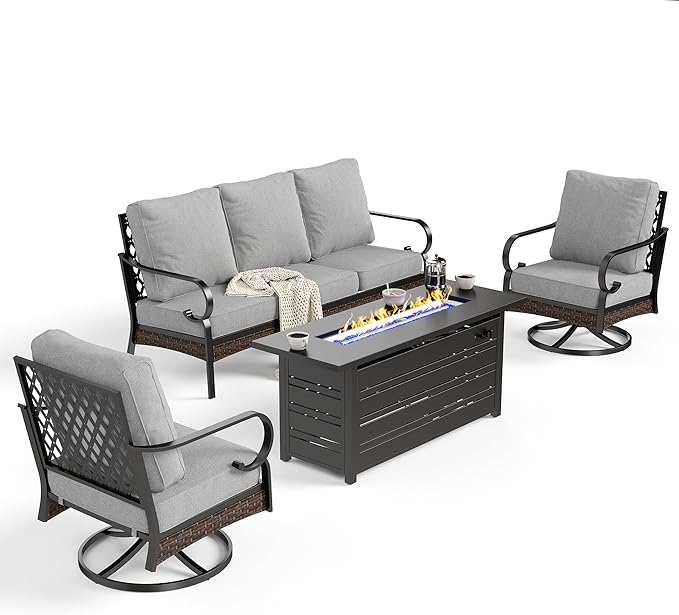 SUNSHINE VALLEY 4 Piece Black Metal Outdoor Patio Furniture Sets with Firepit Table, Patio Conversation Sets 1 3-Seater Sofa, 2 Swivel Sofa with 5.75" Cushion Backyard Furniture for Deck, Light Gray
