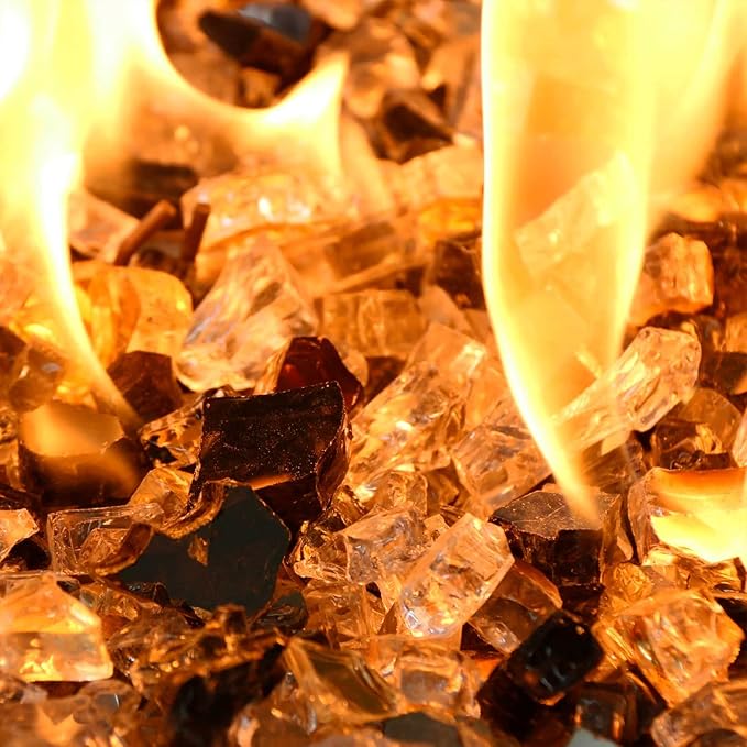GRISUN 20 Pounds Fire Glass for Fire Pit - 1/2 inch High Luster Reflective Tempered Glass Rocks, Decorative for Natural or Propane Fireplace, Blend of Ultra Clear, Gold, Black