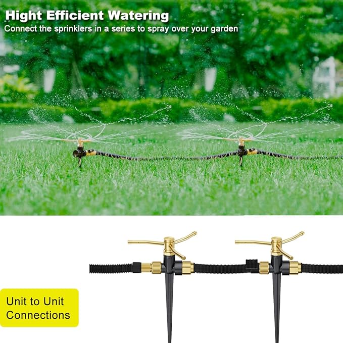 FANHAO 2 Pack Metal Lawn Sprinklers for Yard with Spike Base, 3-Arm Water Sprinkler 360 Degree Automatic Rotary Garden Sprinkler System, Large Yard Area Watering for Plant, Flower Bed and Patio