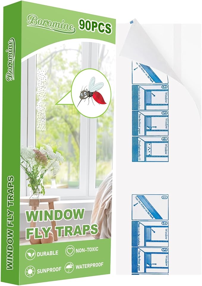 90 Pack Window Fly Traps, Window Sticky Traps, Sticky Non-Toxic Clear Fly Paper Indoor for Home