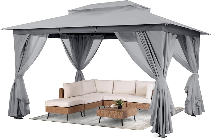 LAUSAINT HOME Outdoor Patio Gazebo 10'x13' with Expansion Bolts, Heavy Duty Party Tent & Shelter with Double Roofs, Mosquito Nettings and Privacy Screens for Backyard (Grey)
