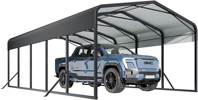 Unovivy 15x25 FT Metal Carport, Large Outdoor Heavy Duty Carport with Galvanized Steel Roof and 4 Support Feet, Spacious Vehicle Shelter for Cars, Boats, RVs, and Outdoor Equipment