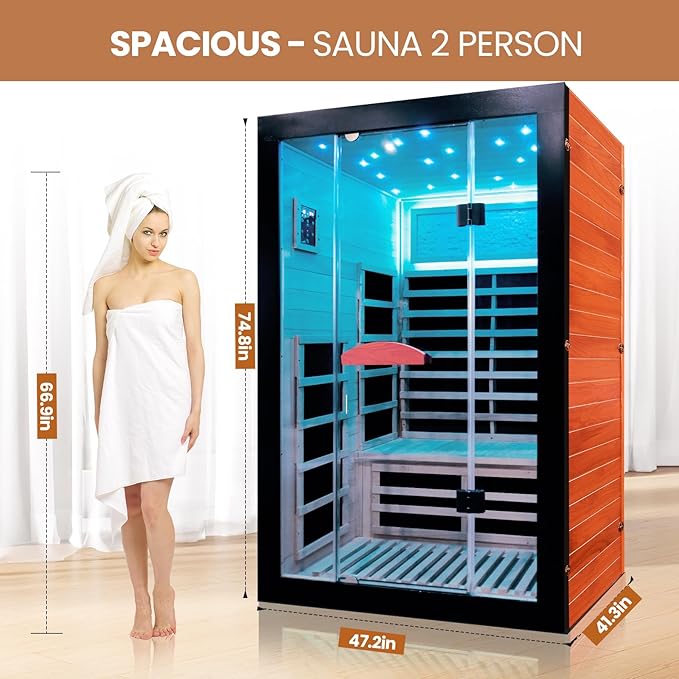 2 Person Sauna Room Far Infrared for Sauna Home Indoor 2000W/110V Low-EMF Wood Okoume Dry Sauna with Air Hole, Full Starry Sky Lights in 7 Color Remedies, Control Panel, Speaker - 47.3*41.3*74.8 IN